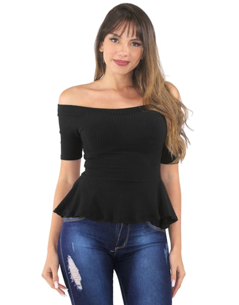 Blusa Feminina Ombro a Ombro Com Babado e Manga 3/4 REF: VXN22 Blusa Feminina Ombro a Ombro Com Babado e Manga 3/4 REF: VXN22