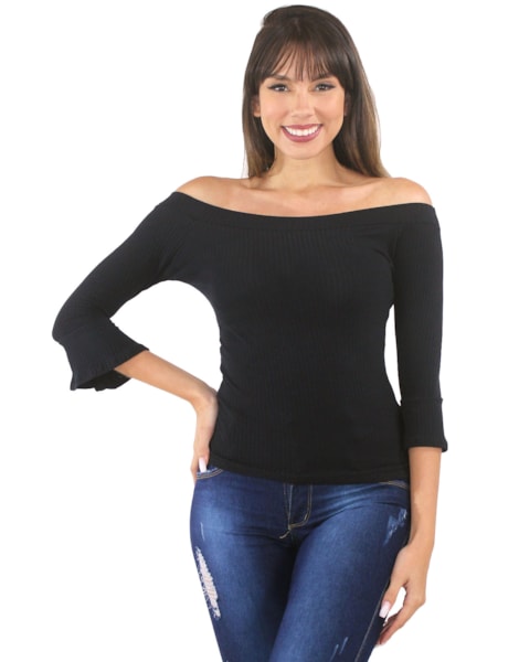 Blusa Ombro a Ombro Tecido Canelado Manga Com Babado REF: VXN26 Blusa Ombro a Ombro Tecido Canelado Manga Com Babado REF: VXN26