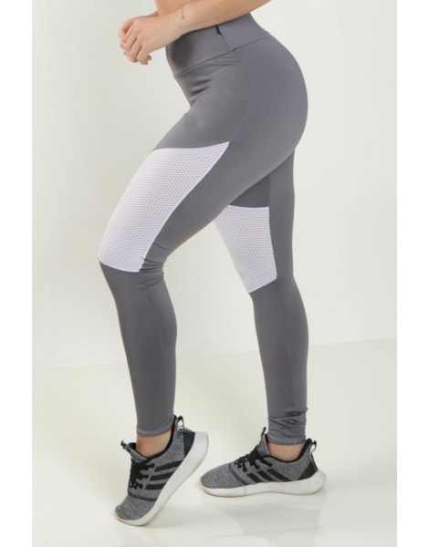 Calça Legging Cintura Alta Assimétrica com Detalhe em Tulê Cinza com Branco REF: FDR10 Calça Legging Cintura Alta Assimétrica com Detalhe em Tulê Cinza com Branco REF: FDR10
