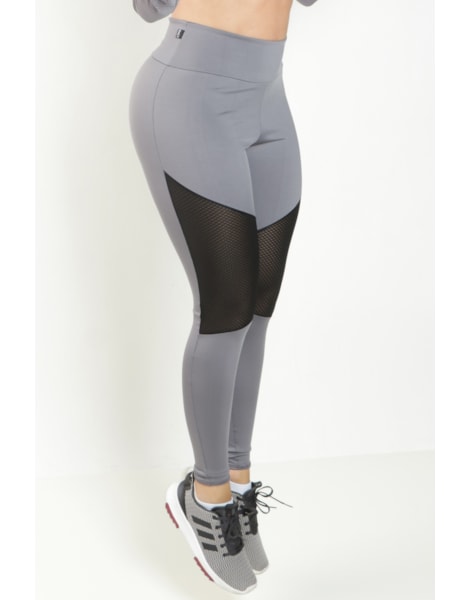 Calça Legging Cintura Alta Assimétrica com Detalhe em Tulê Cinza com Preto REF: FDR10 Calça Legging Cintura Alta Assimétrica com Detalhe em Tulê Cinza com Preto REF: FDR10