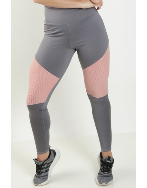 Calça Legging Cintura Alta Assimétrica com Detalhe em Tulê Cinza com Rosé REF: FDR10 Calça Legging Cintura Alta Assimétrica com Detalhe em Tulê Cinza com Rosé REF: FDR10