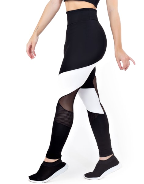 Calça Legging Cintura Alta Assimétrica com Detalhe em Tulê e Tela Preto com Branco | LX122 Calça Legging Cintura Alta Assimétrica com Detalhe em Tulê e Tela Preto com Branco | LX122