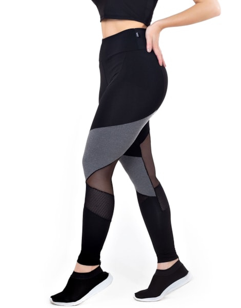 Calça Legging Cintura Alta Assimétrica com Detalhe em Tulê e Tela Preto com Cinza REF: LX122 Calça Legging Cintura Alta Assimétrica com Detalhe em Tulê e Tela Preto com Cinza REF: LX122