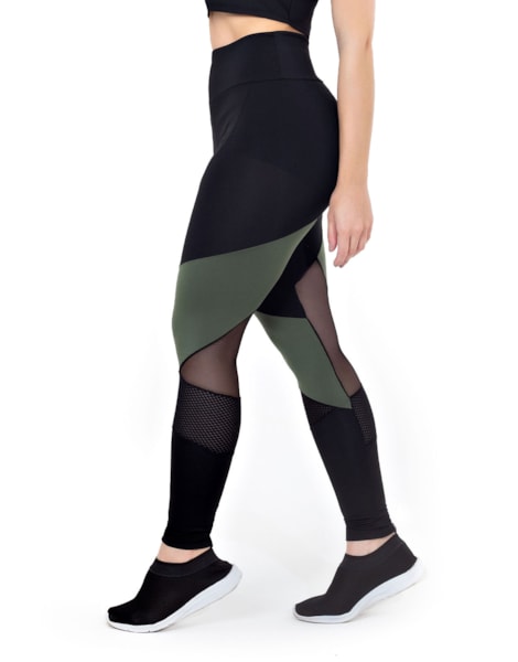 Calça Legging Cintura Alta Assimétrica com Detalhe em Tulê e Tela Preto com Verde Militar REF: LX122 Calça Legging Cintura Alta Assimétrica com Detalhe em Tulê e Tela Preto com Verde Militar REF: LX122