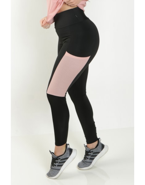 Calça Legging Cintura Alta Preta com Bolso em Tela Rosé REF: FDR11 Calça Legging Cintura Alta Preta com Bolso em Tela Rosé REF: FDR11