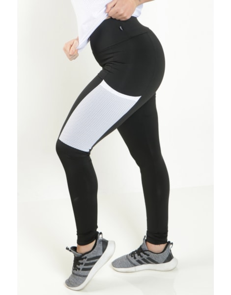 Calça Legging Cintura Alta Preta Elástico Racy e Tela Branca REF: FDR11 Calça Legging Cintura Alta Preta Elástico Racy e Tela Branca REF: FDR11