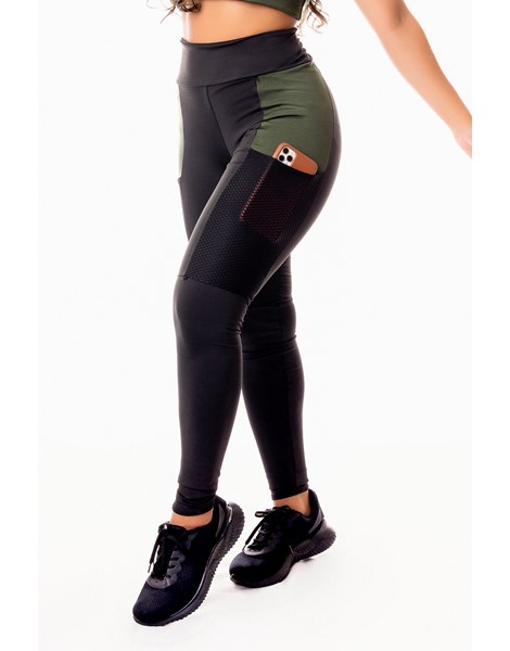 Calça Legging Fitness Academia Preta com Detalhe em Tela Dry Fit e Verde Militar Cintura Alta REF: SV20