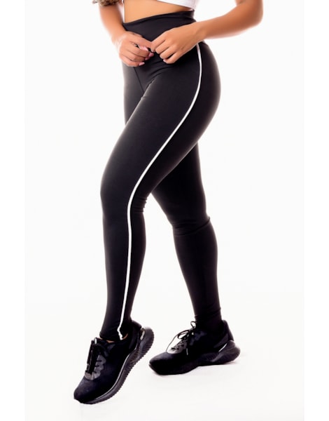 Calça Legging Fitness Academia Preta com Detalhe Lateral em Vivo Branco Cintura Alta REF: SV33