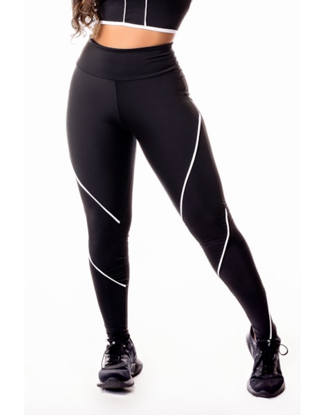 Calça Legging Fitness Academia Preta com Detalhe Lateral em Vivo Branco Cintura Alta REF: SV36