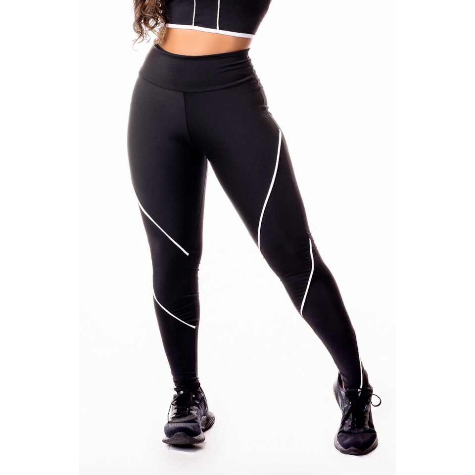 Calça Legging Fitness Academia Preta com Detalhe Lateral em Vivo Branco  Cintura Alta REF: SV36 - Racy Modas, legging de academia 