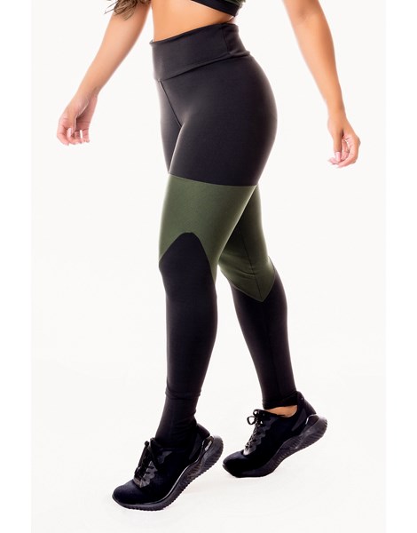 Calça Legging Fitness Academia Preta com Detalhes em Verde Militar Cintura Alta REF: SV2