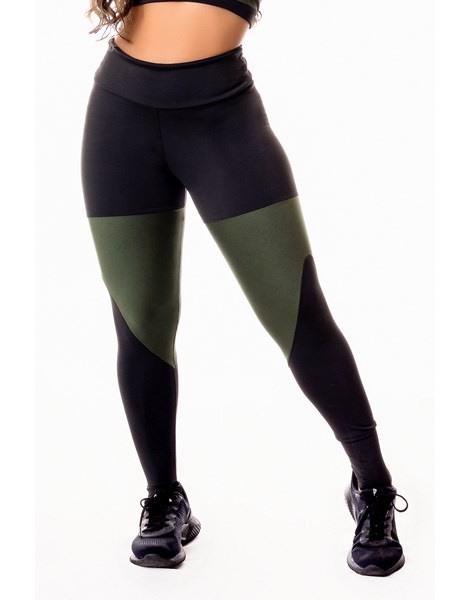 Calça Legging Fitness Academia Preta com Detalhes em Verde Militar Cintura Alta REF: SV2