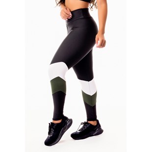Calça Legging Fitness Academia Preta com Verde Militar e Branco Cintura Alta REF: SV10