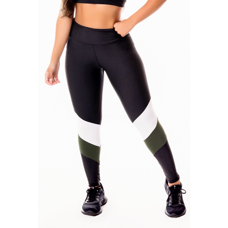 Calça Legging Fitness Academia Preta com Verde Militar e Branco Cintura Alta REF: SV10