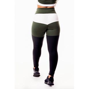 Calça Legging Fitness Academia Preta com Verde Militar e Branco Levanta Bumbum Cintura Alta REF: SV30