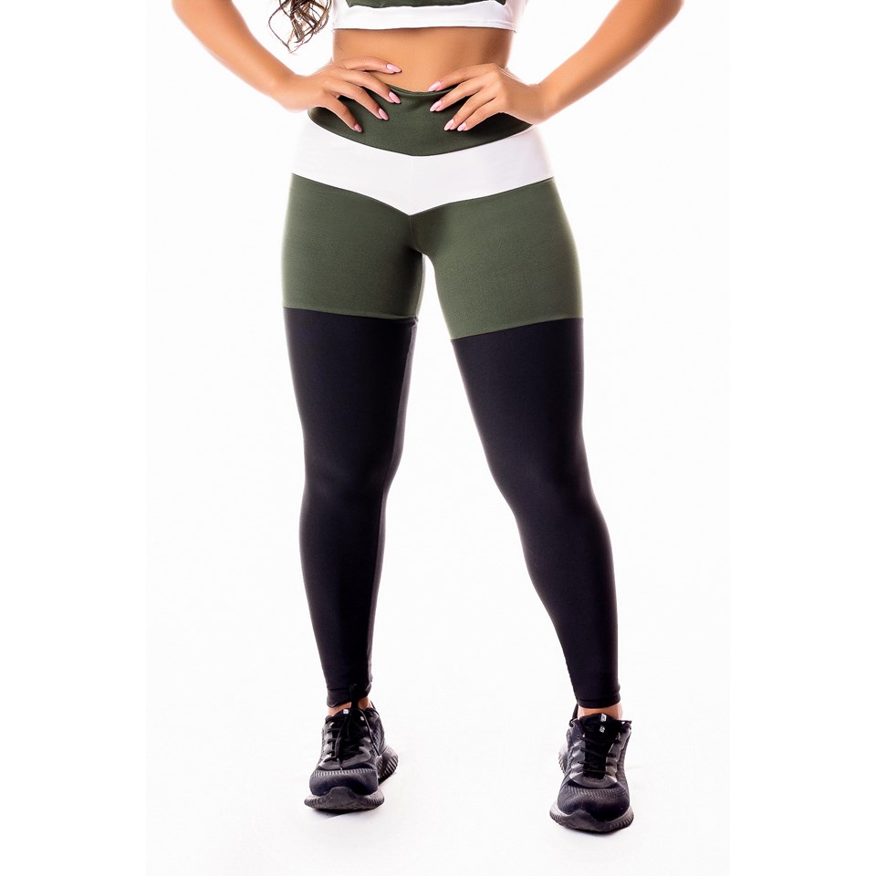 Conjunto Fitness Feminino Calça Legging Levanta Bumbum Preta com Verde  Militar e Branco Cintura Alta e Cropped Alcinha Academia REF: CSV17