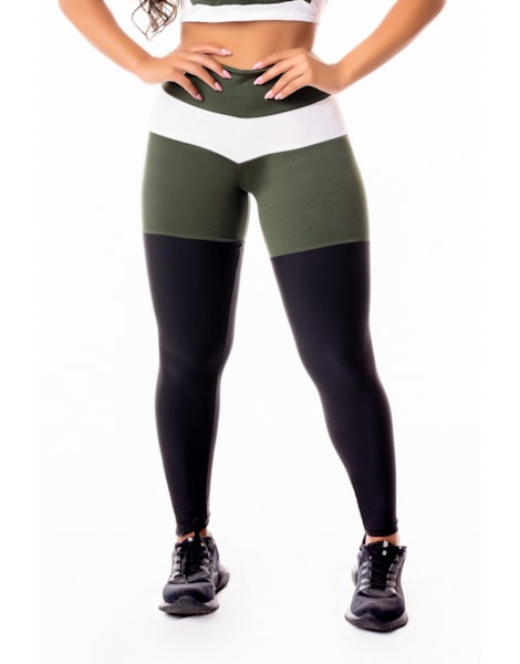 Calça Legging Fitness Academia Preta com Verde Militar e Branco Levanta Bumbum Cintura Alta REF: SV30 Calça Legging Fitness Academia Preta com Verde Militar e Branco Levanta Bumbum Cintura Alta REF: SV30