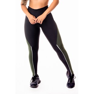 Calça Legging Fitness Academia Preta com Verde Militar e Vivo Branco Cintura Alta REF: SV45