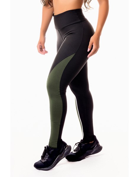 Calça Legging Fitness Academia Preta com Verde Militar e Vivo Branco Cintura Alta REF: SV45