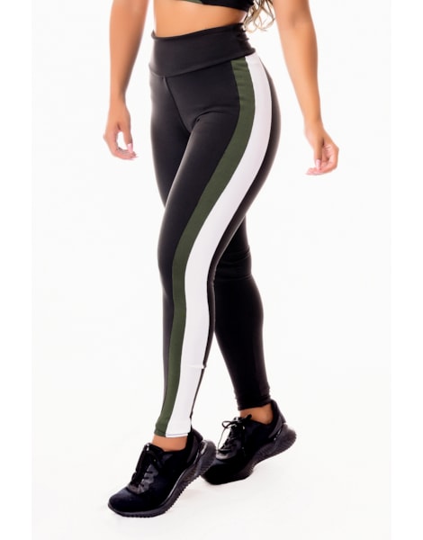 Calça Legging Fitness Academia Preta com Verde Militar e Vivo Branco Cintura Alta REF: SV48 Calça Legging Fitness Academia Preta com Verde Militar e Vivo Branco Cintura Alta REF: SV48