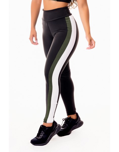 Calça Legging Fitness Academia Preta com Verde Militar e Vivo Branco Cintura Alta REF: SV48