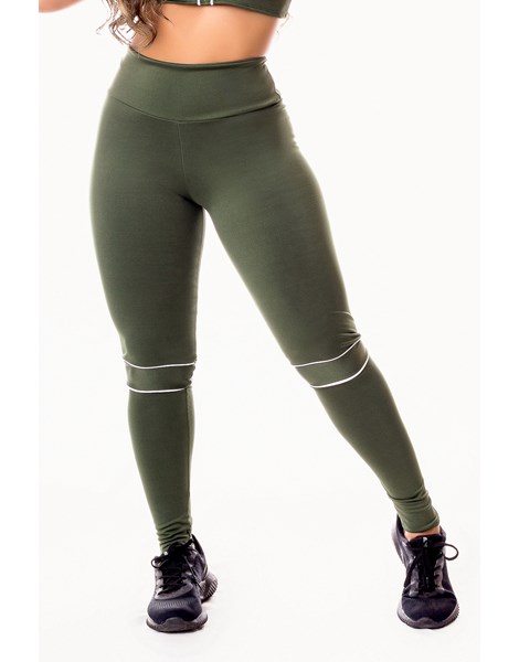 Calça Legging Fitness Academia Verde Militar com Detalhes em Vivo Branco Cintura Alta REF: SV4