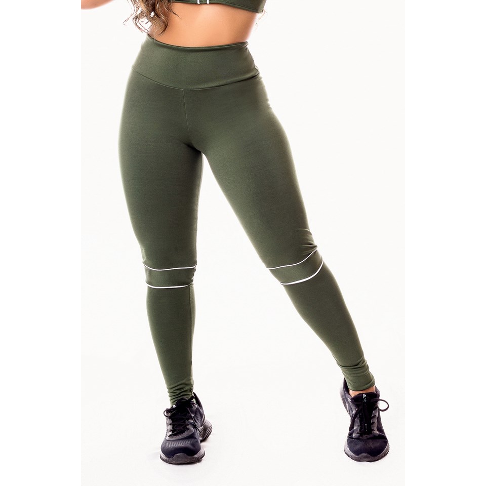 Calça Legging Fitness Academia Verde Militar com Detalhes em Vivo Branco Cintura Alta REF: SV4