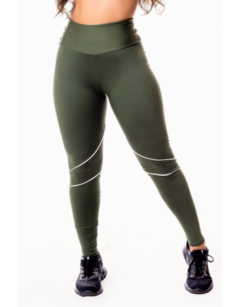 Calça Legging Fitness Academia Verde Militar e Detalhe em Vivo Branco Cintura Alta REF: SV18 Calça Legging Fitness Academia Verde Militar e Detalhe em Vivo Branco Cintura Alta REF: SV18