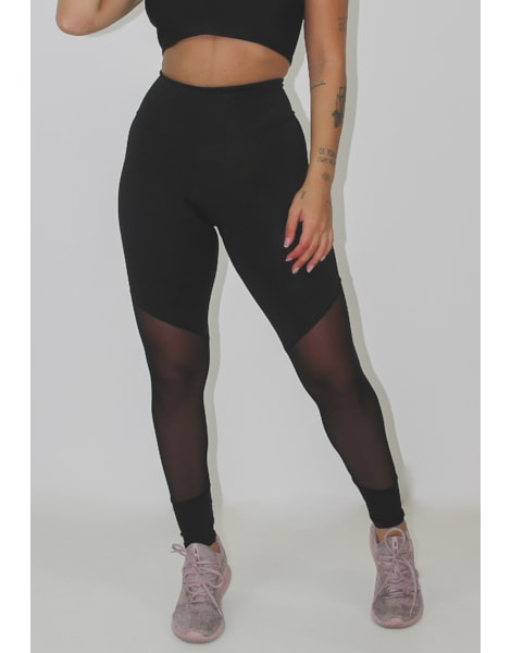 Calça Legging Fitness Preto Detalhe Tule Transparente REF: LX119