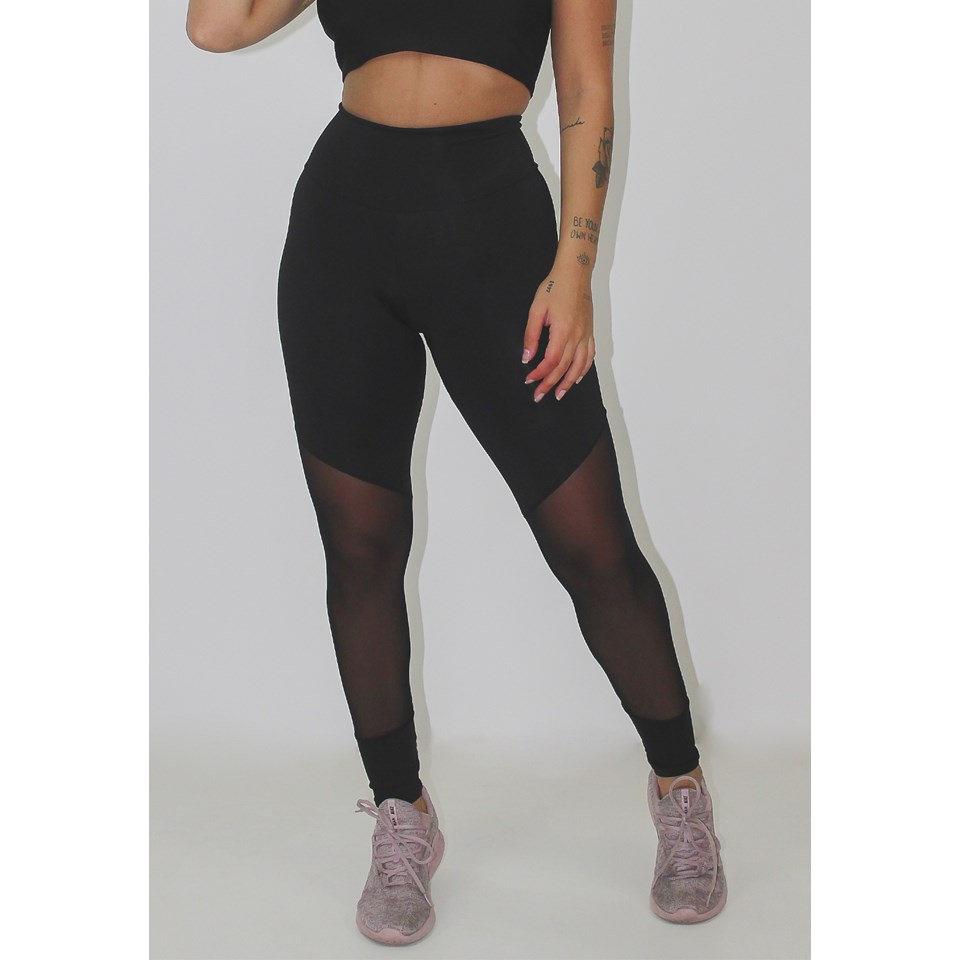 Calça Legging Fitness Preto Detalhe Tule Transparente REF: LX119 - Racy  Modas