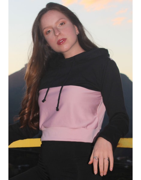 Casaco Feminino Moletom Com Capuz Suplex Rosê e Preto REF: CSC6 Casaco Feminino Moletom Com Capuz Suplex Rosê e Preto REF: CSC6