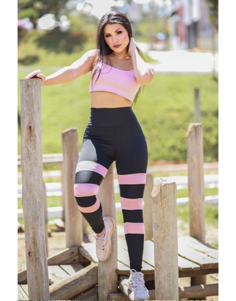Conjunto Calça Legging 3 Listras Cropped Alcinha Rose REF: LX219 Conjunto Calça Legging 3 Listras Cropped Alcinha Rose REF: LX219