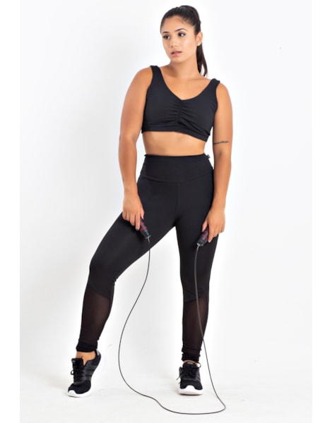 Conjunto Calça Legging Com Tela e Cropped Preto Liso REF: LX184 Conjunto Calça Legging Com Tela e Cropped Preto Liso REF: LX184