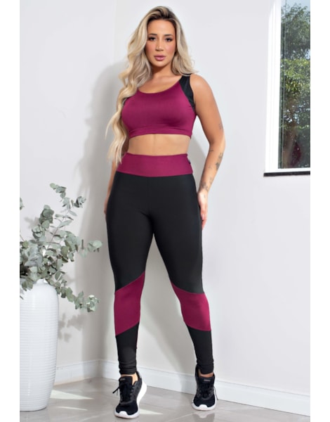 Conjunto Calça Legging e Cropped Fitness Preto e Marsala | LX21 Conjunto Calça Legging e Cropped Fitness Preto e Marsala | LX21