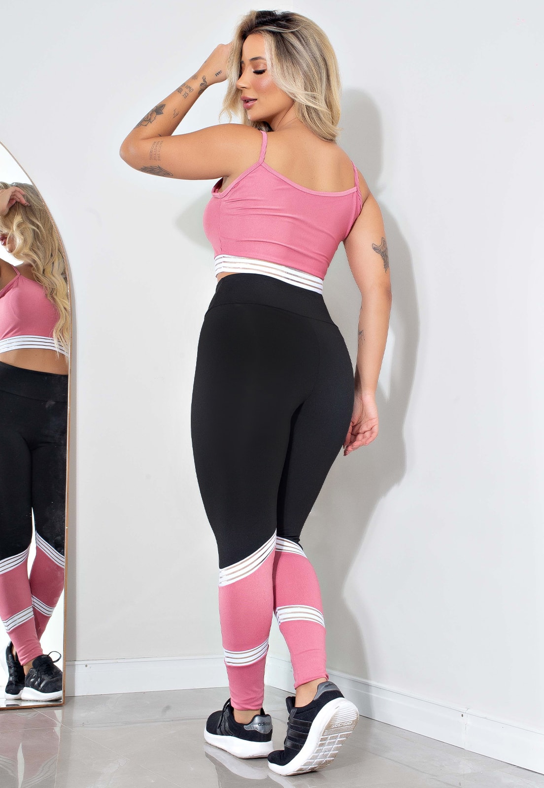 Conjunto Calça Legging e Cropped Fitness Preto e Rose com Detalhe Branco | REF: LX20