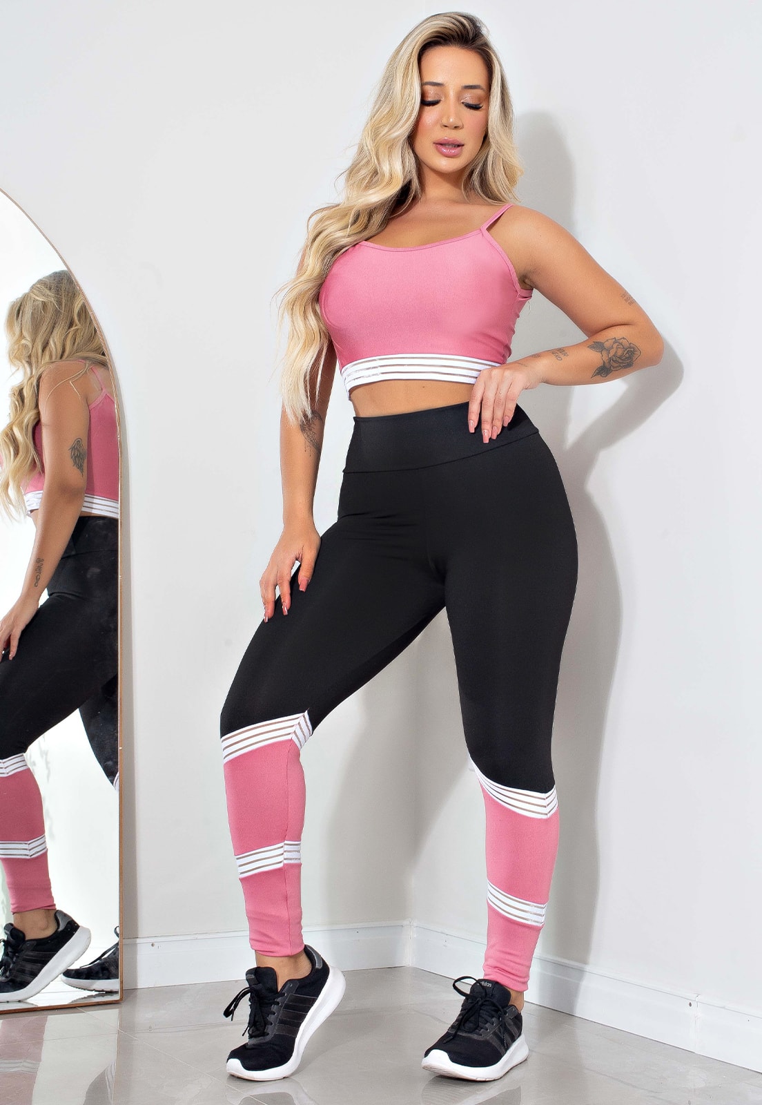 Conjunto Calça Legging e Cropped Fitness Preto e Rose com Detalhe Branco | REF: LX20