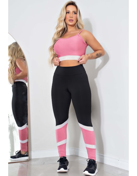 Conjunto Calça Legging e Cropped Fitness Preto e Rose com Detalhe Branco | REF: LX20