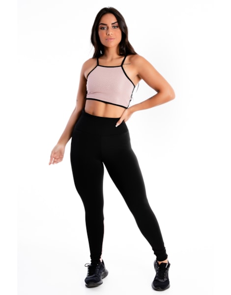 Conjunto Cropped Alcinha e Calça Legging Preto Detalhe Tela Rose REF: LX276