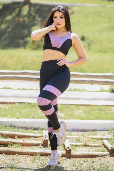 Conjunto Cropped e Calça Legging Preto Detalhe Violeta REF: LX261