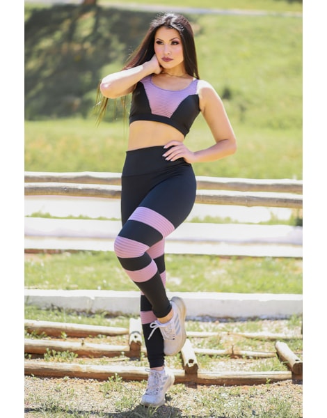 Conjunto Cropped e Calça Legging Preto Detalhe Violeta REF: LX261 Conjunto Cropped e Calça Legging Preto Detalhe Violeta REF: LX261
