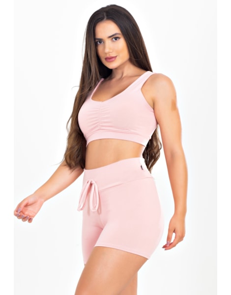 Conjunto Cropped Nadador e Short Liso Rose Com Cadarço Fake REF: LX302 Conjunto Cropped Nadador e Short Liso Rose Com Cadarço Fake REF: LX302