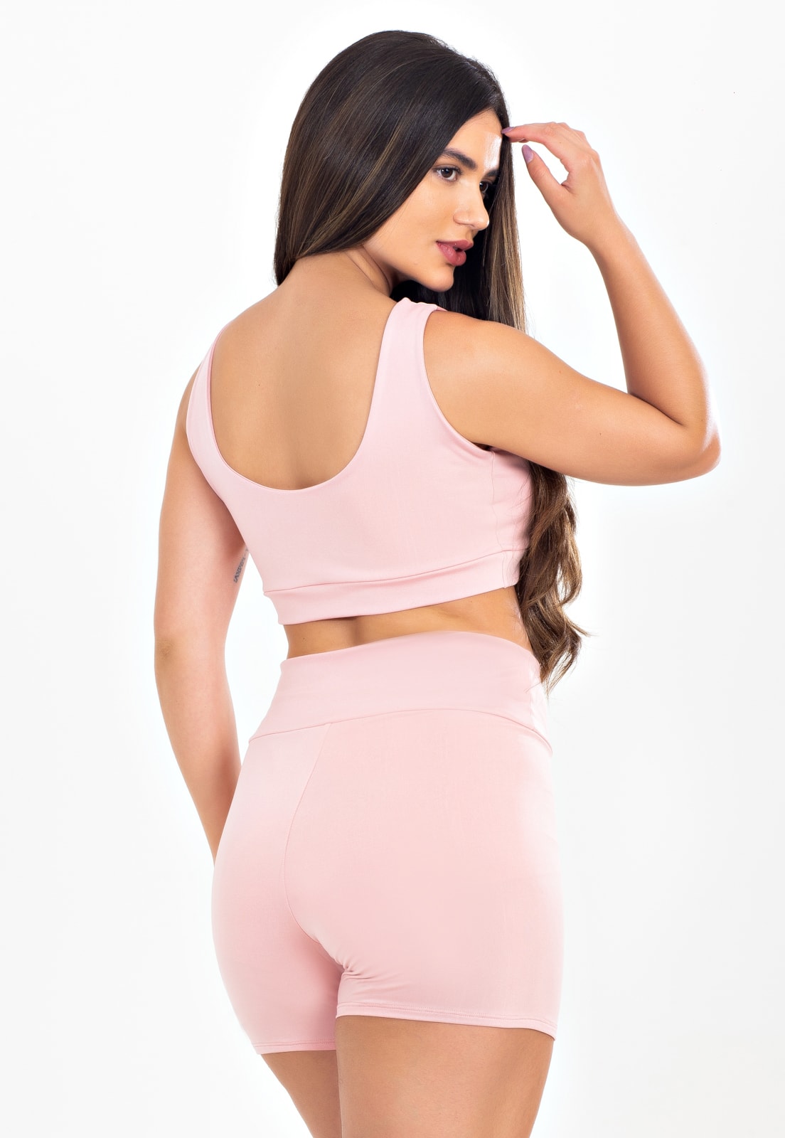 Conjunto Cropped Nadador e Short Liso Rose Com Cadarço Fake REF: LX302