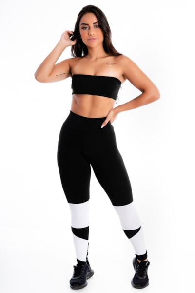 Conjunto Cropped Tomara que Caia e Calça Legging Preto com Detalhe Branco REF: LX308