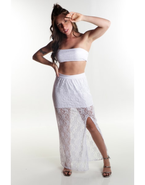 Conjunto Cropped Tomara que Caia + Saia de Renda Branco REF: FRD9 Conjunto Cropped Tomara que Caia + Saia de Renda Branco REF: FRD9
