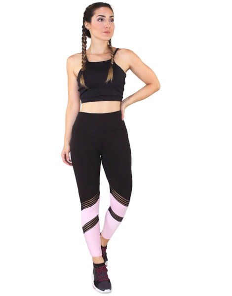 Conjunto Fitness Academia Cropped Preto + Calça Fitness Preto Com Detalhe Elástico Faixa Rosê REF: LX062 Conjunto Fitness Academia Cropped Preto + Calça Fitness Preto Com Detalhe Elástico Faixa Rosê REF: LX062