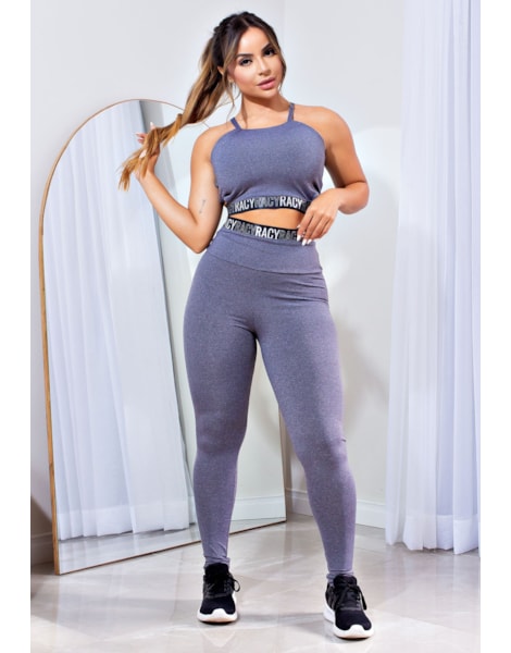 Conjunto Fitness Calça Legging Cintura Alta + Cropped Alcinha Cinza Mescla com Elásticos Racy REF: CCA5 Conjunto Fitness Calça Legging Cintura Alta + Cropped Alcinha Cinza Mescla com Elásticos Racy REF: CCA5