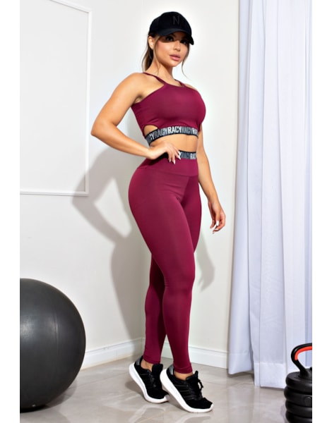 Conjunto Fitness Calça Legging Cintura Alta + Cropped Alcinha Marsala com Elásticos Racy REF: CCA5 Conjunto Fitness Calça Legging Cintura Alta + Cropped Alcinha Marsala com Elásticos Racy REF: CCA5