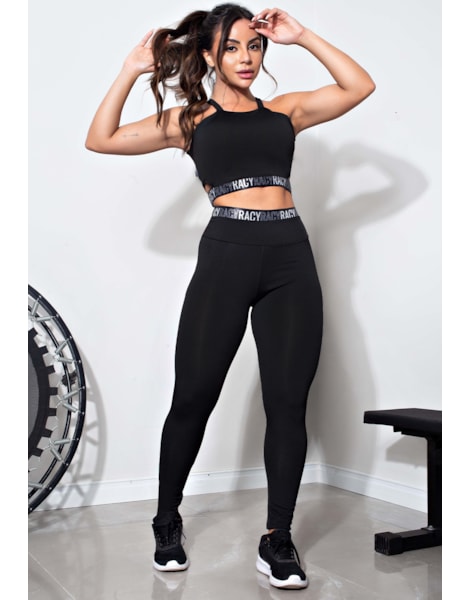 Conjunto Fitness Calça Legging Cintura Alta + Cropped Alcinha Preto com Elásticos Racy REF: CCA5 Conjunto Fitness Calça Legging Cintura Alta + Cropped Alcinha Preto com Elásticos Racy REF: CCA5