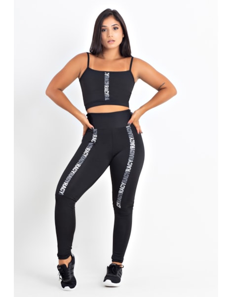Conjunto Fitness Calça Legging Cintura Alta + Cropped Preto  com Elásticos  REF: CCA1 Conjunto Fitness Calça Legging Cintura Alta + Cropped Preto  com Elásticos  REF: CCA1