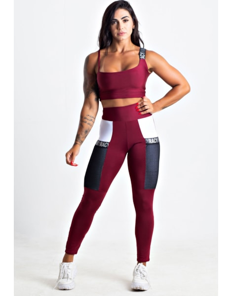 Conjunto Fitness Calça Legging com Bolso de Tela + Cropped Marsala com Elásticos Racy REF: CCA8 Conjunto Fitness Calça Legging com Bolso de Tela + Cropped Marsala com Elásticos Racy REF: CCA8